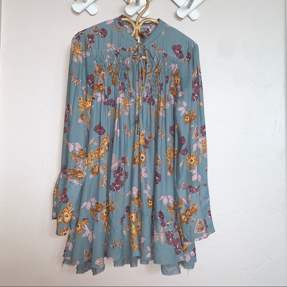 Free People Pebble Crepe So Fine Smocked Tunic Top Floral Blue Blouse Sm… - Picture 6 of 13